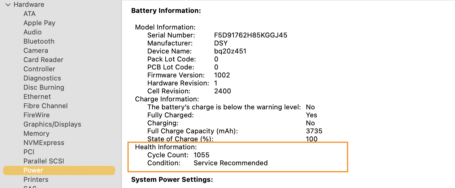 Apple macbook battery health information settings