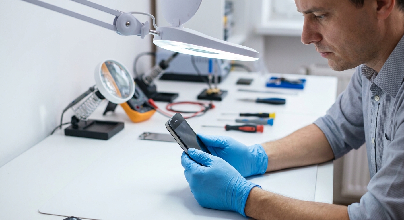 Technician assessing an older iPhone for repair at Citri Mobile Singapore