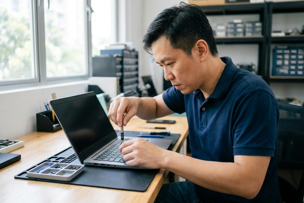 Citri Mobile technician replacing a laptop screen at a repair bench in Singapore